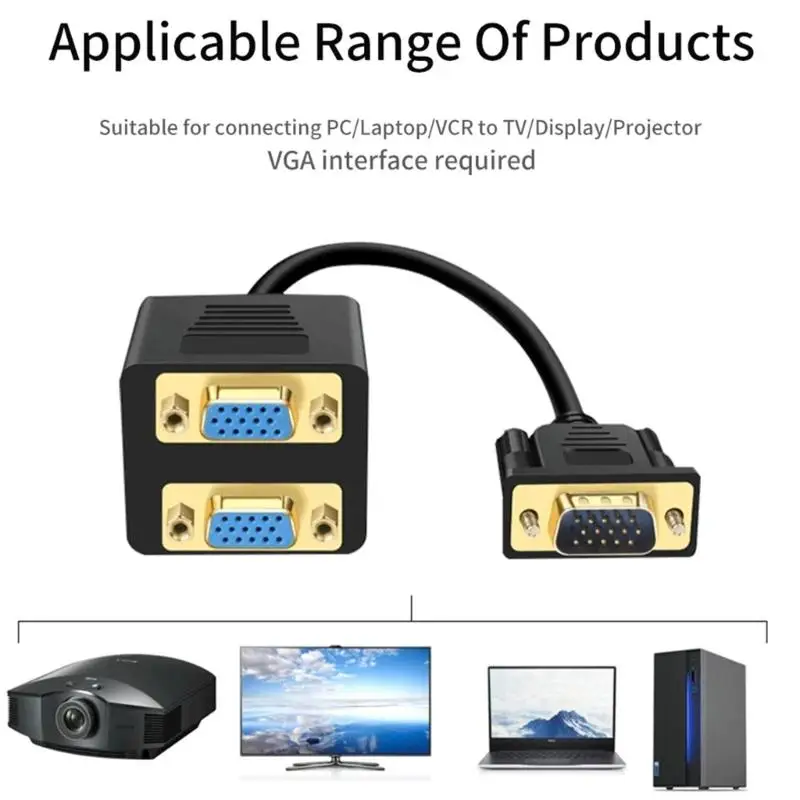 R53C VGA Splitter for Two Monitors Gold Plated Connectors Durability ABS Housing