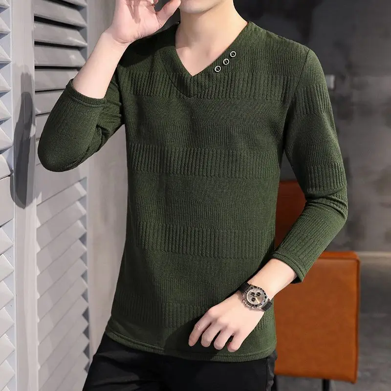 

Men T-Shirt Long Sleeve Pullover V-neck Sweatshirts Autumn Winter Fleece Slim Bottoming Shirt Men's Clothing Casual Buttons Tops