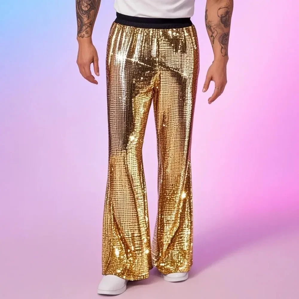 New Spring Summer Newest Male Silver Color Sequined Long Trumpet Pants For Men's Party Stage Performance Casual Trousers