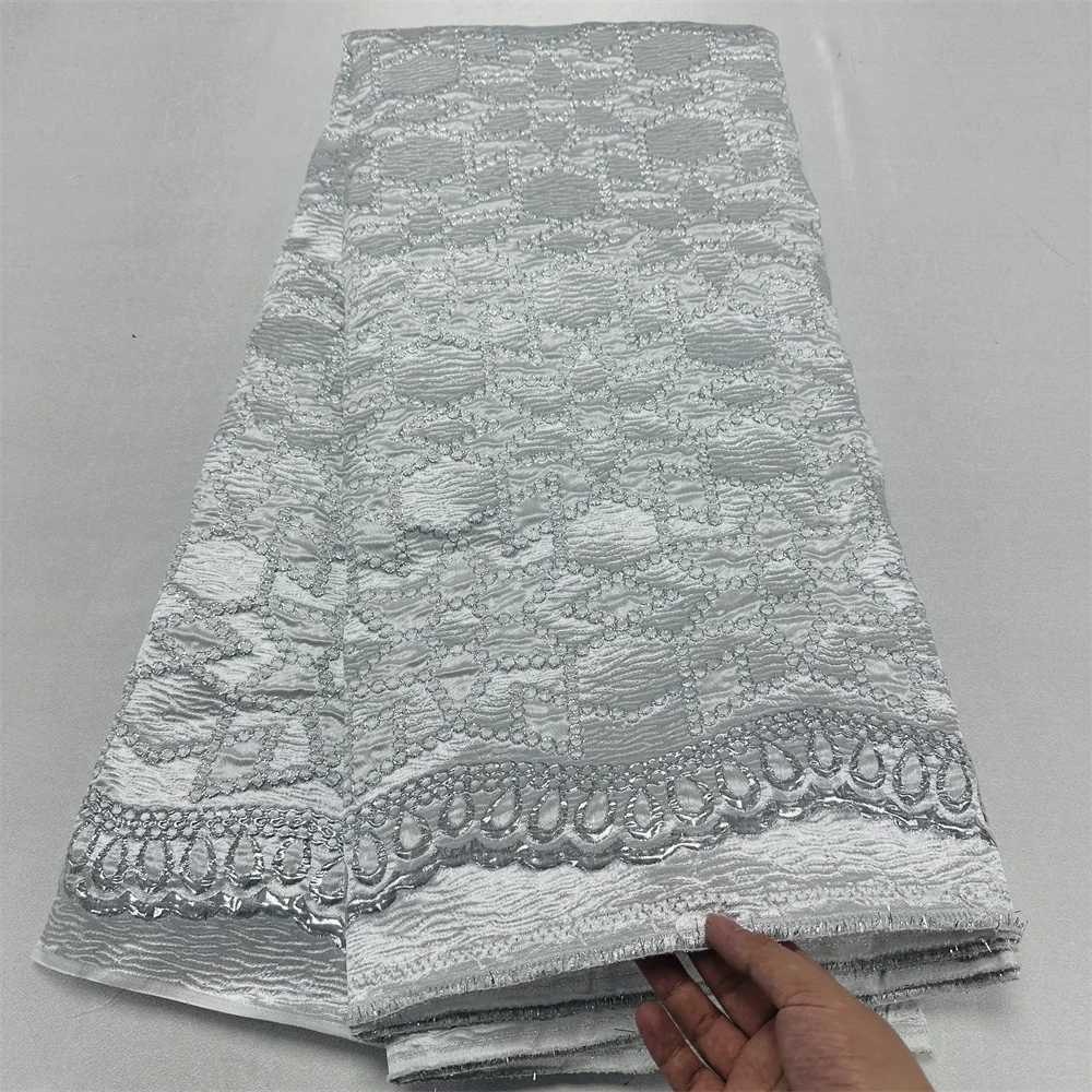 

White African Brocade Jacquard Fabric High Quality Nigerian Damask Material Gilding Lace Brocard Tissu 5Yard For Sewing WB5