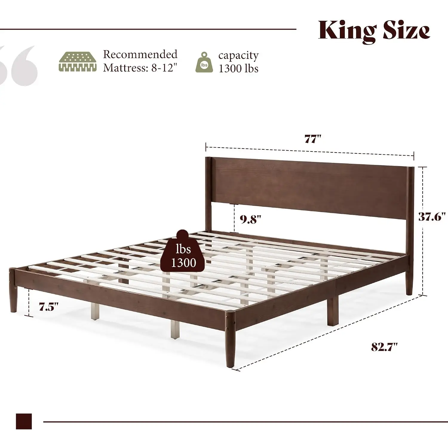 Solid Wood King Bed Frame, Mid Century Bed with Headboard, Walnut | Platform Bed with Full Panel Headboard,, Customized