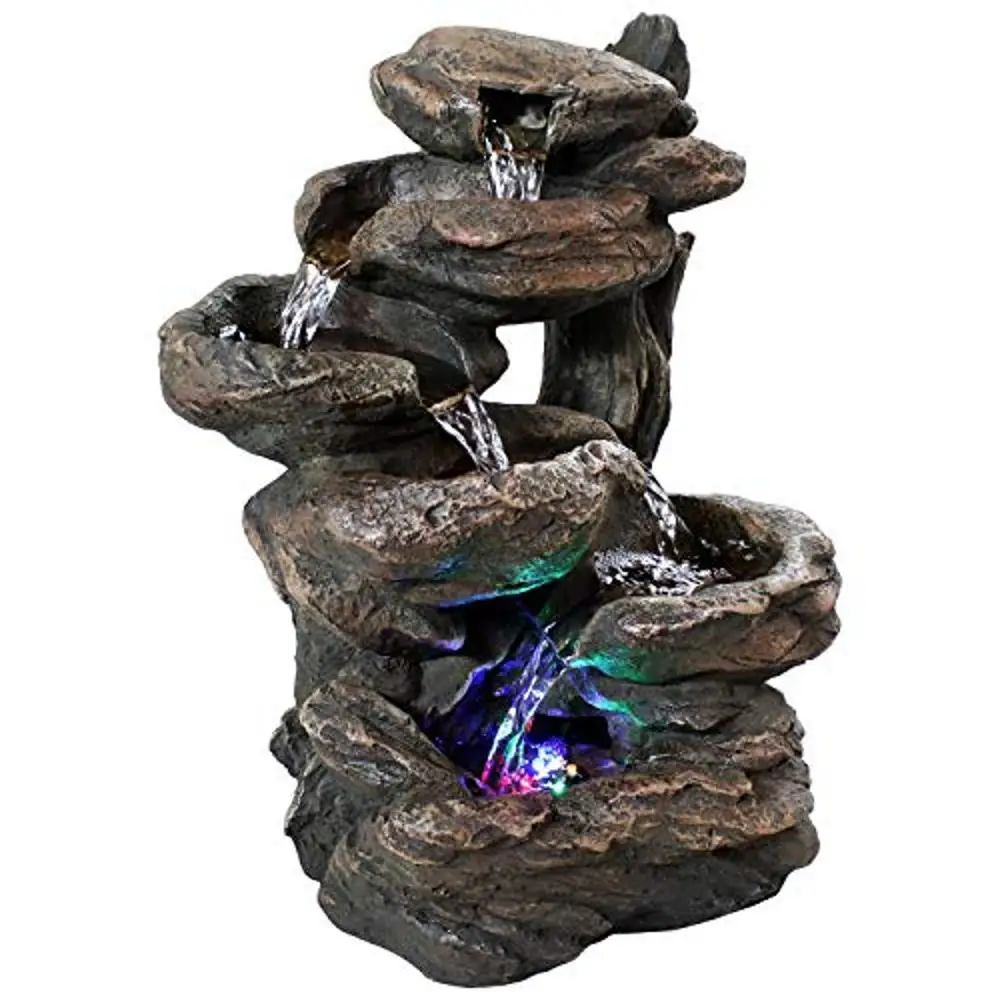 LED Rock Fountain Waterfall Relaxation Tabletop Indoor Pump Lights Gray Stone Fiberglass