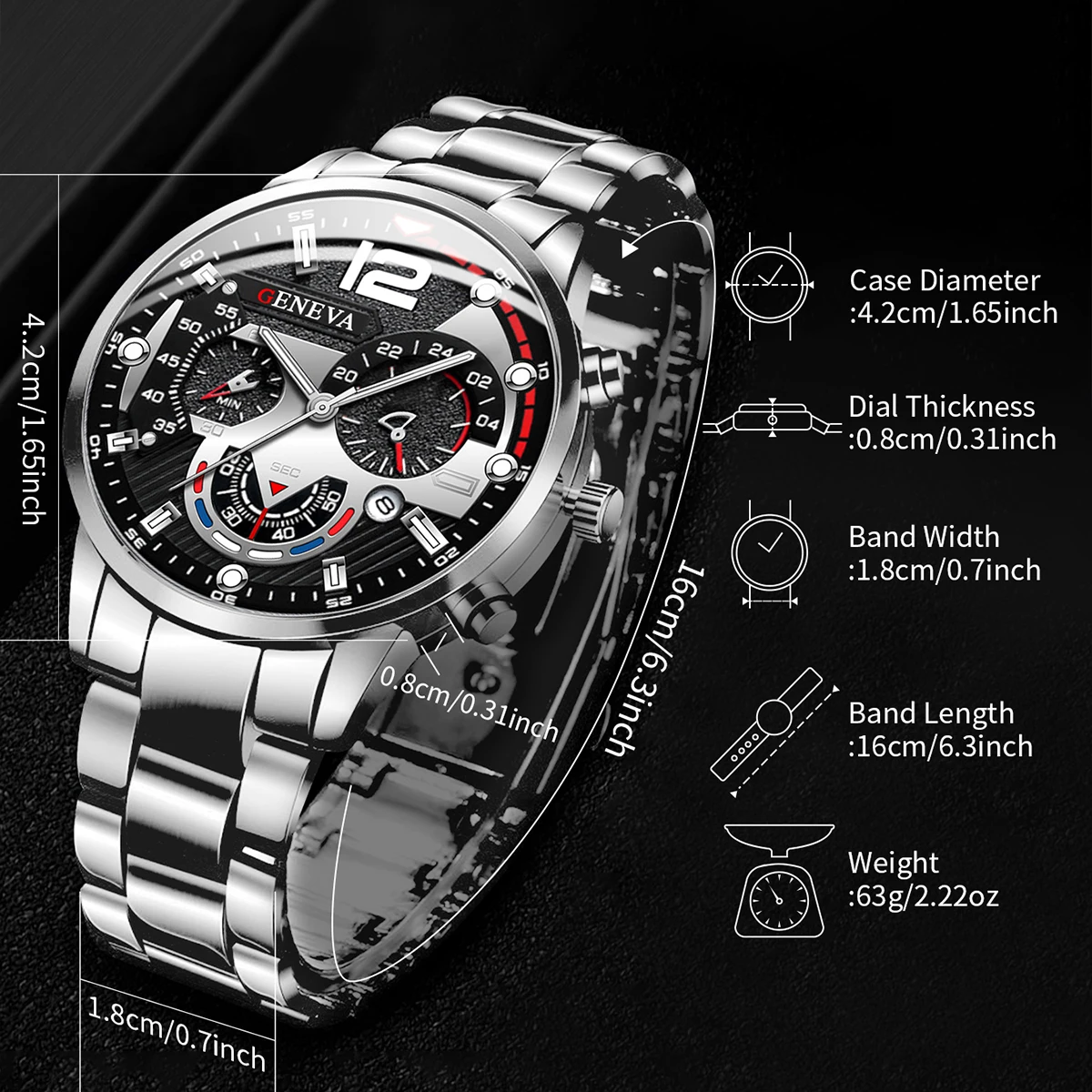 Fashion Men\'s Watches Stainless Steel Band Analog Quartz Wristwatch with Calendar