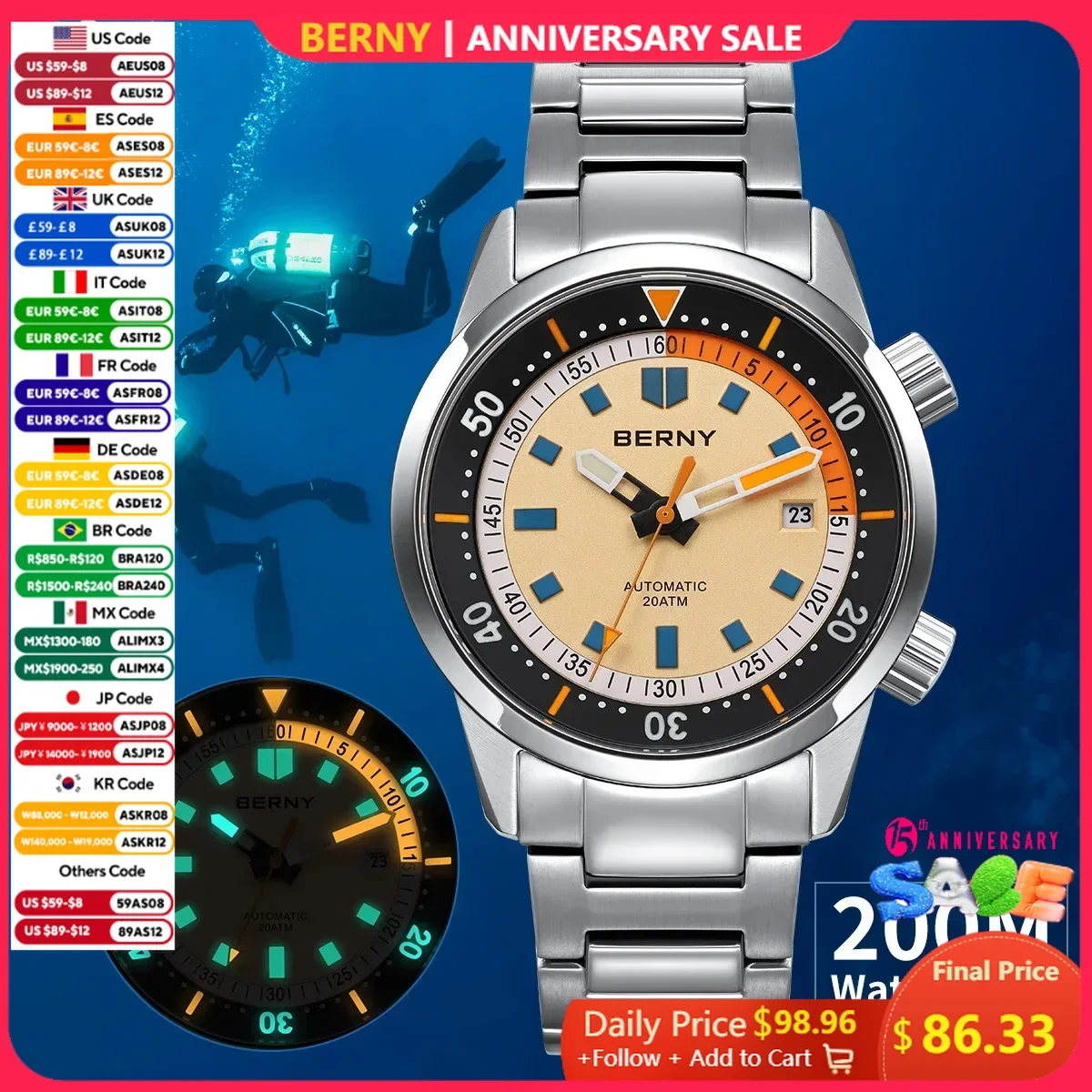 BERNY นาฬิกาดําน้ําอัตโนมัติสําหรับชาย 20AMT Super Luminous Mechanical Men's Diver นาฬิกา Sapphire สแตนเลสสตีล Dive