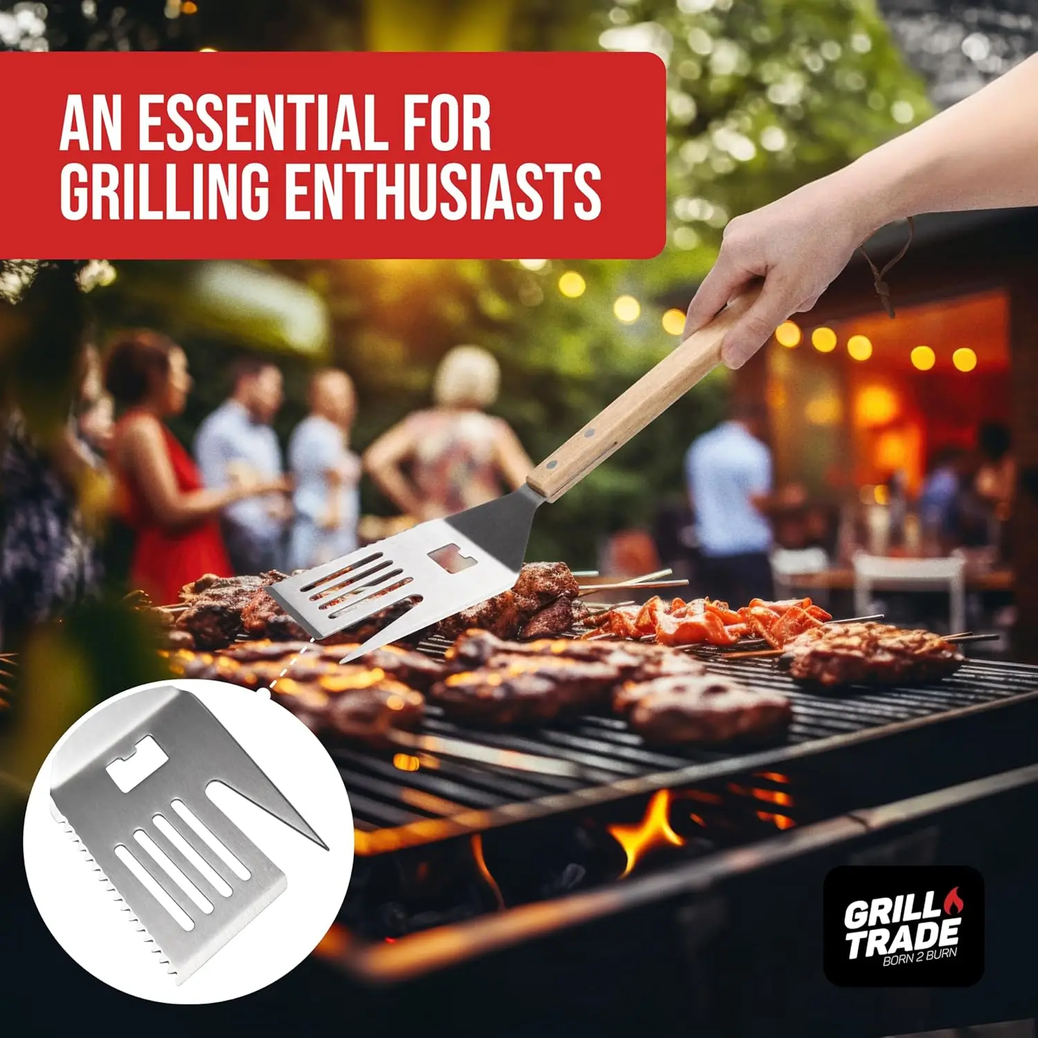 5-in-1 Grill Spatula with Knife, Fork, Tenderizer, Bottle Opener & Turner - 19' Wooden Handle BBQ Tool