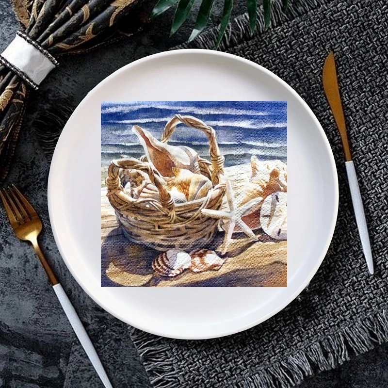 Cesta Vintage Whelk Decoupage, servilletas de papel con temática de verano, pañuelos de papel para vajilla de fiesta, suministros de Navidad, 25x25cm, 20 unids/lote por bolsa