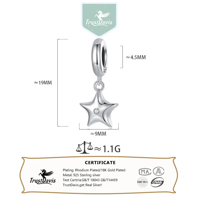 TrustDavis 925 Sterling Silver Fashion Minimalist Pendant Zircon Star Small Gift for DIY Bracelet Necklace Jewelry Making DZ1921