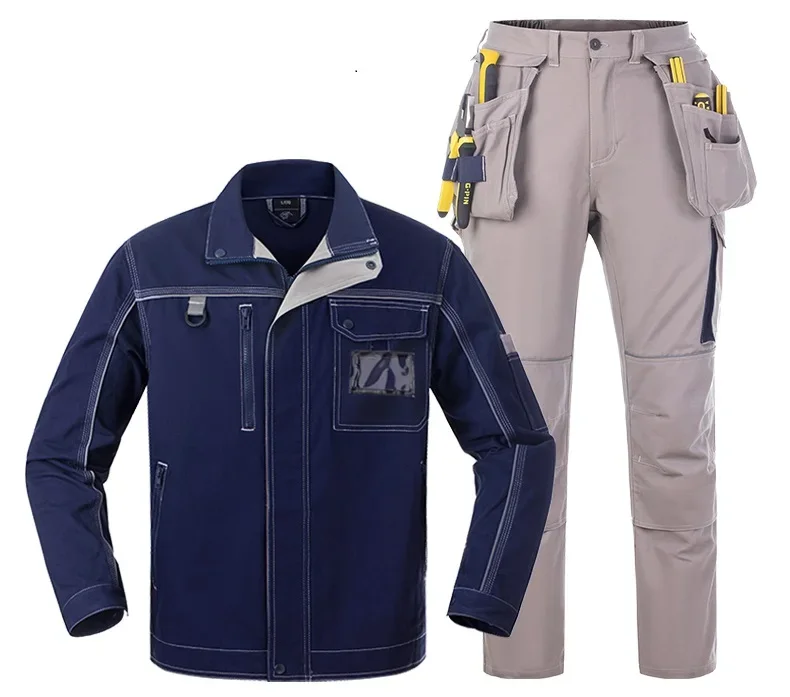 100% Cotton Working Clothing Suit Set Men\'s Multi-pockets Cargo Work Trousers Welding Suit Work Denim Pants Reflective 5XL