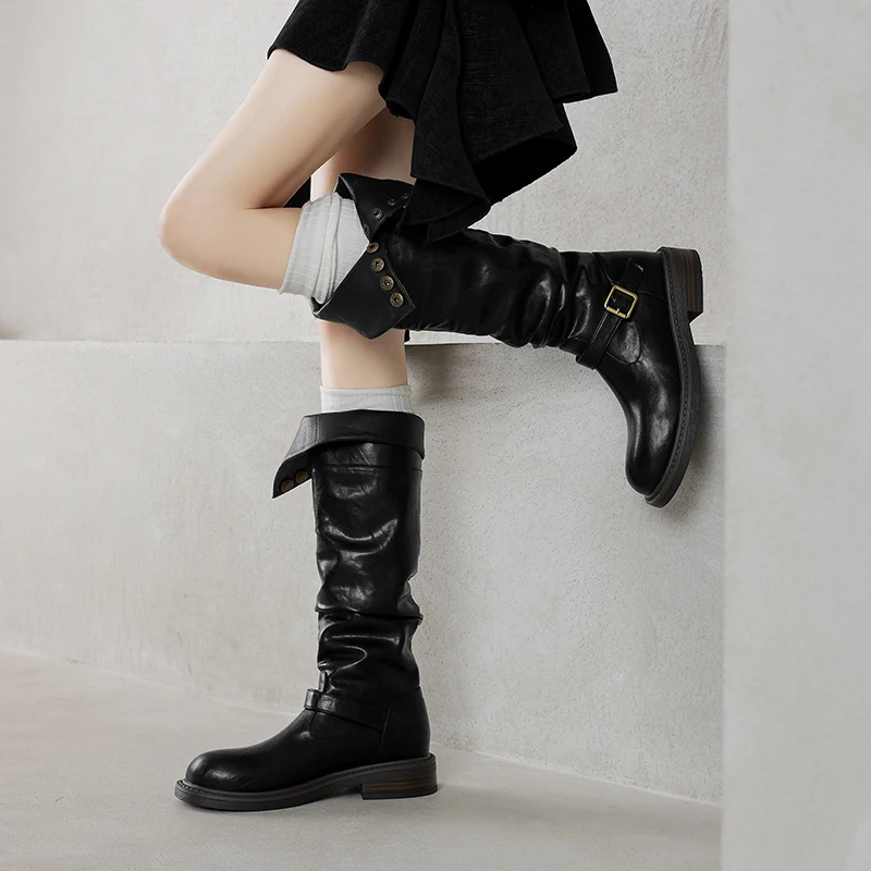 Flanged PU Metal Button Instep Belt Buckle Slip-On Punk Style Knight Boots Anti Slip Sole Breathable Commuting Office Knee Boots image 4