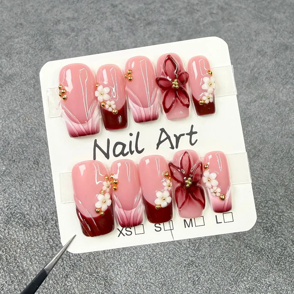 

10Pcs Sweet Fake Nail Tips French Pink Flower Designs False Nails Acrylic White Floral Extended Nail Extensions Nail Tool