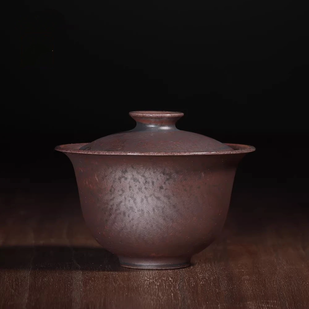 Jun Porcelain Carbon-fired Yuan Bao Covered Bowl Handcrafted Golden Black Copper Citrus Pattern Ancient Tea Ware Unique Texture
