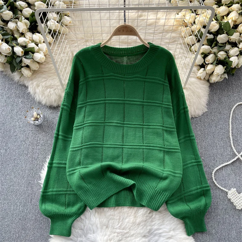 Green Red Blue Short Knitted Sweater Pullover Tops Spring Autumn Women Round Neck Long Sleeve Knitting Tops Jumper Sueter Mujer