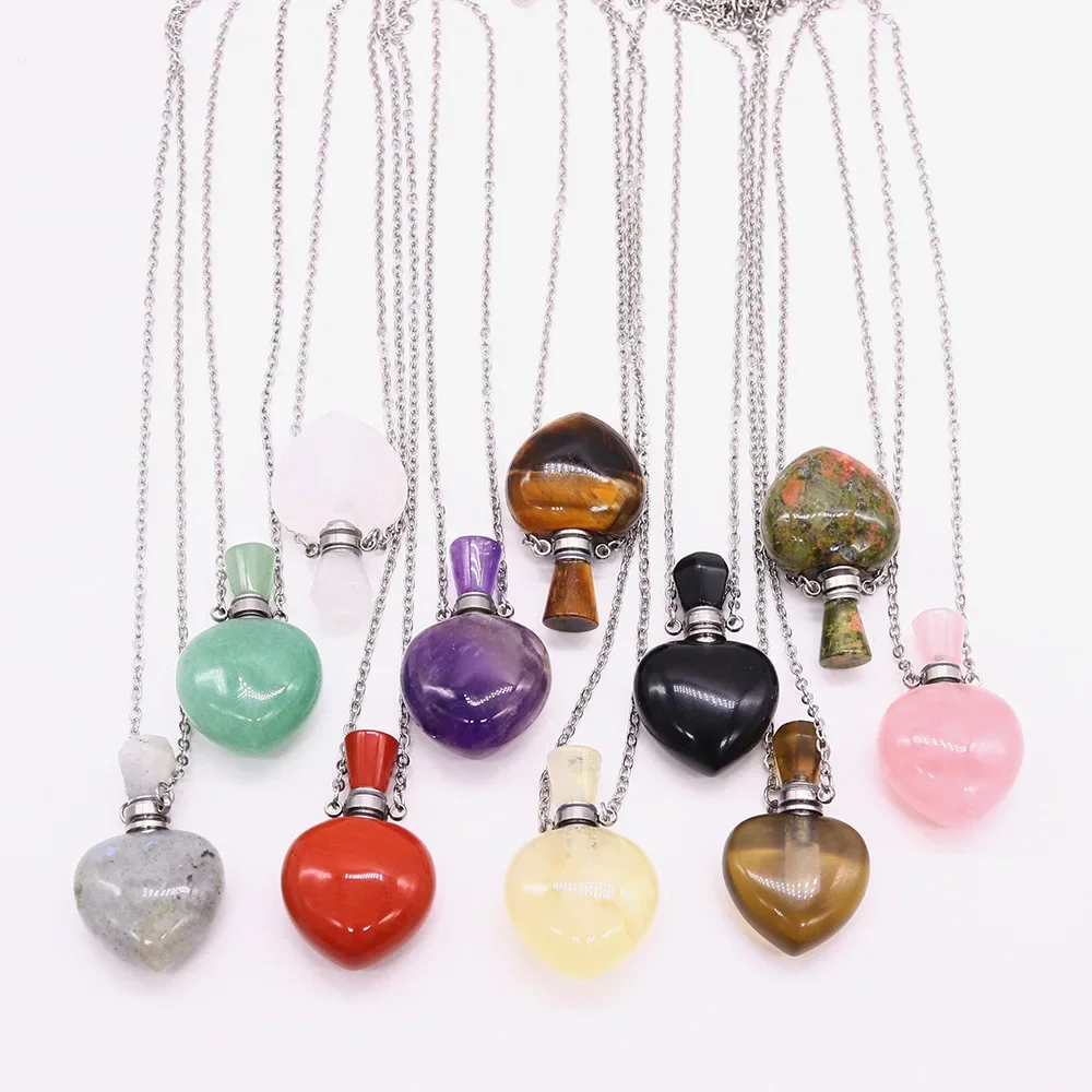 RX49 Natural Stone Perfume Bottle Pendant, Crystal Essential Oil Diffuser Necklace for DIY Jewelry Making, Gift