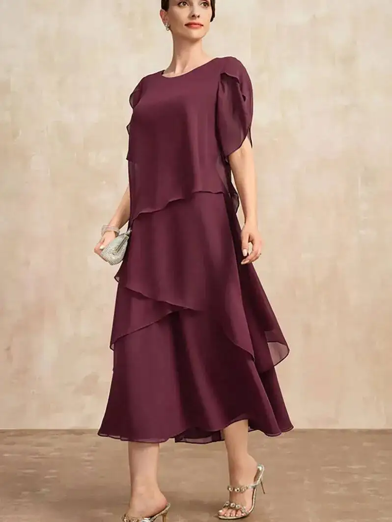 Women Chiffon Dress Short Sleeve Elegant O-Neck Solid Party Irregular Layered Petal Sleeve Summer Fashion Maxi Dress KOT8