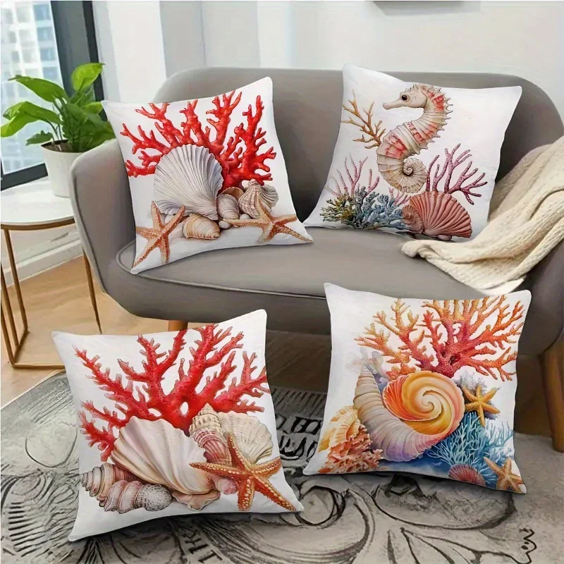 Set of Four Beach Ocean Decor Throw Pillow Covers - Nautical Seashell, Coral, and Sea Creature Designs for Coastal Home