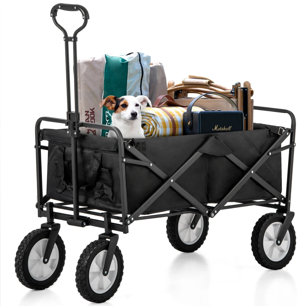 Foldable Trolley 120KG Garden Trolley with Mesh Cup Holder, Adjustable Handle, Fabric Bag, Front Wheels Swivel 360°, Black