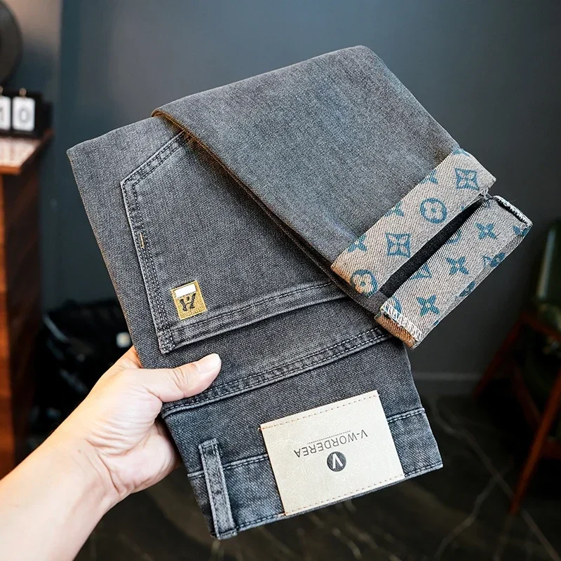 

Винтажные повседневные мужские джинсы с эластичной резинкой на талии, мягкие эластичные модные рваные джинсовые брюки, мужские весенние прямые брюки High Street