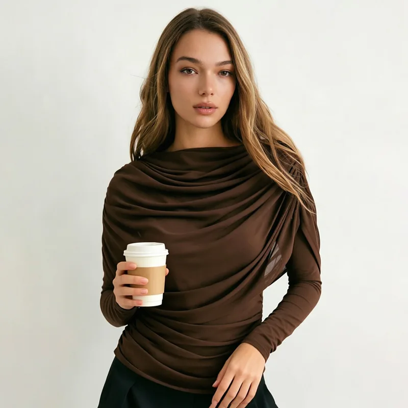 2026 Spring Summer Women Long Sleeve T-Shirt Draped Collar Pleated Shawl Slim Fit Stretch Tops Elegant Casual Daily Wear Top