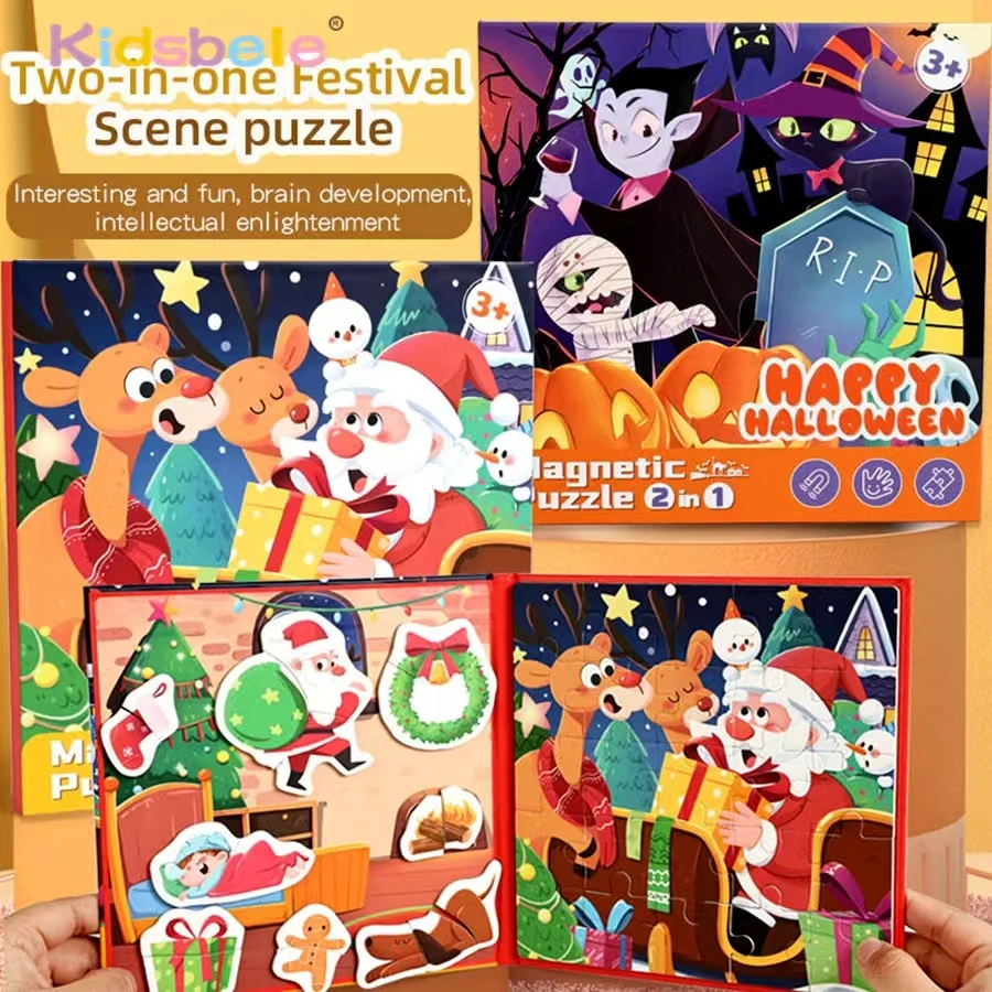 

Magnetic Jigsaw Puzzles Portable Book Christmas/Halloween Sticker Book Montessori DIY Creative Holiday Themed Party Gift for Kid
