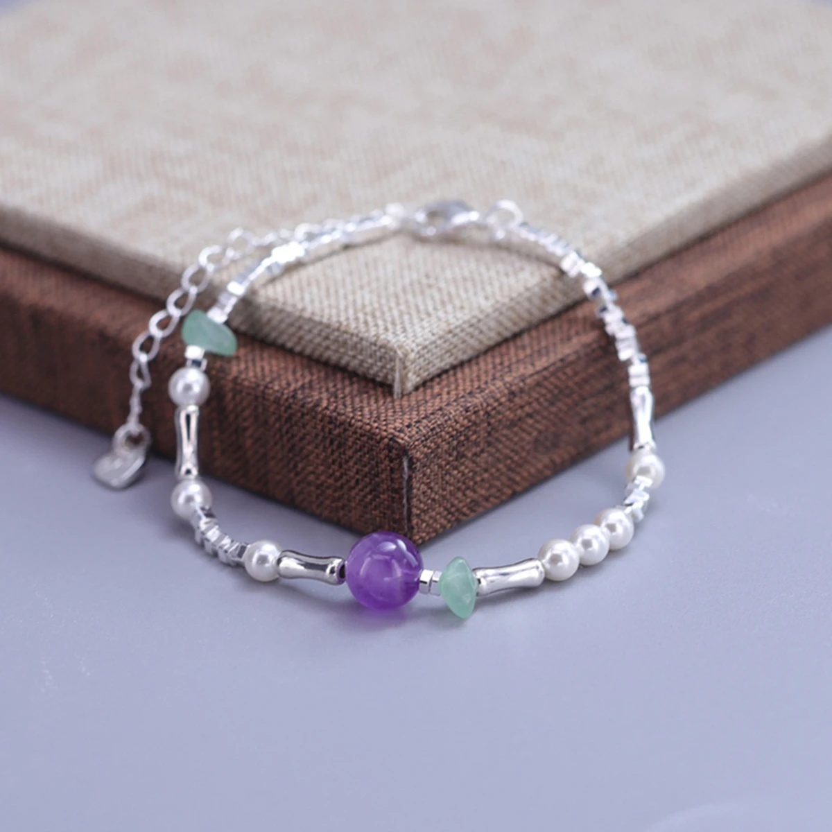 Sam Panda 925 Sterling Silver Natural Shell Pearl Amethyst Bamboo Bracelet For Women Gift Aventurine Jewelry Dropshipping