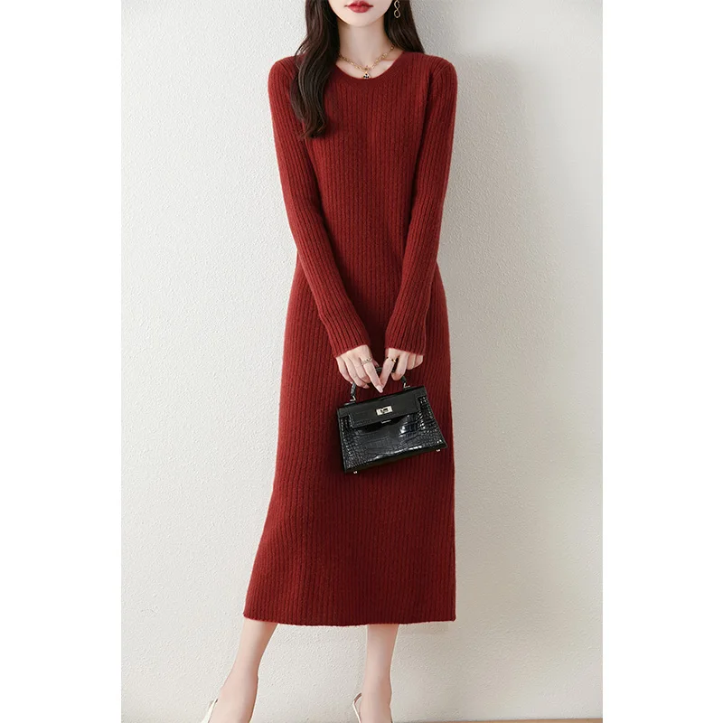 2024 Autumn/Winter New Women's Long Skirt 100% Wool Knitted Women's Long Sweater Slimming Hot Selling Women's Dress