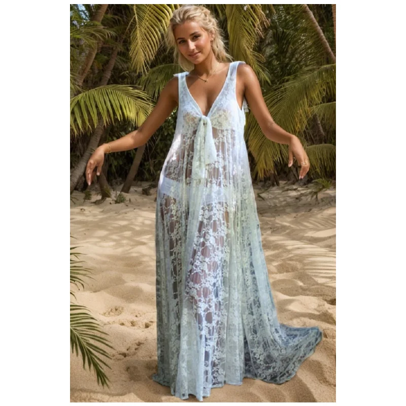 Повседневное белое кружевное платье F4443, длинные пляжные платья без рукавов с V-образным вырезом