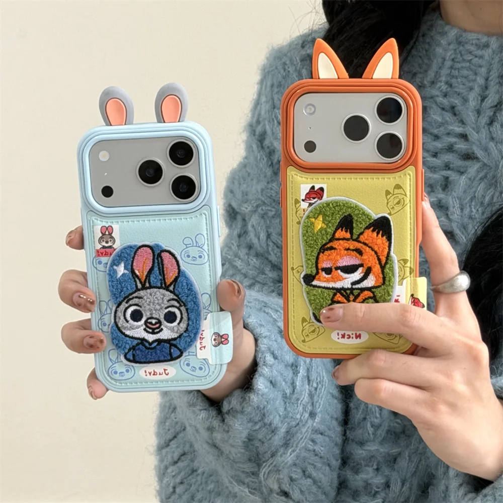 

INS Leather Red Fox Phone Case for iPhone 17 Pro 15 14 13 16 Pro Max Cover Cute Rabbit Shockproof Fundas Cartoon Protection Case