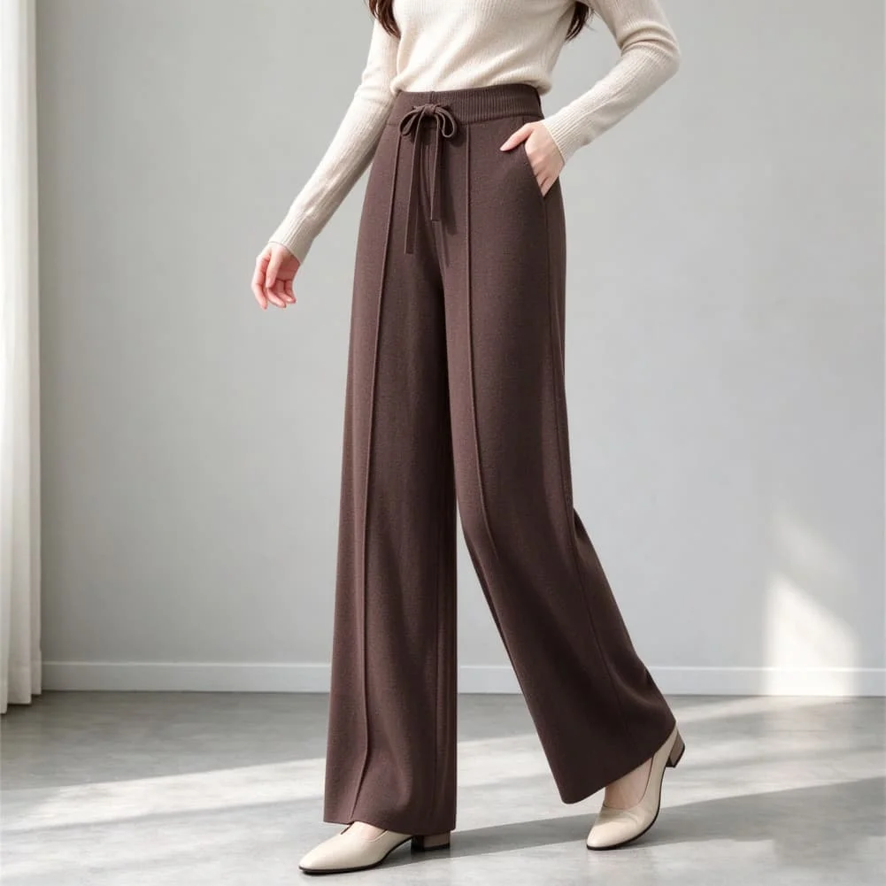 Flowy Wide Leg Knit Pants for Women Featuring High Waist and Adjustable Drawstring Ideal for Beach Vacation and Cycling