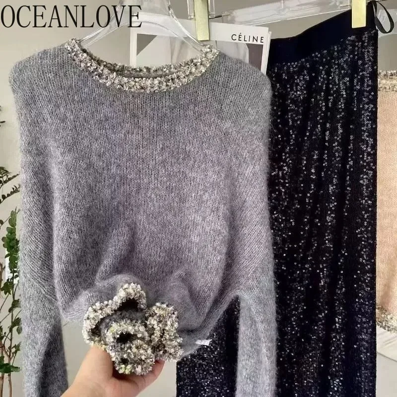 OCEANLOVE Maglioni da donna in mohair grigio Lurex Moda coreana Chic Autunno Inverno Pullover Semplice ed elegante Casual Pull Femme