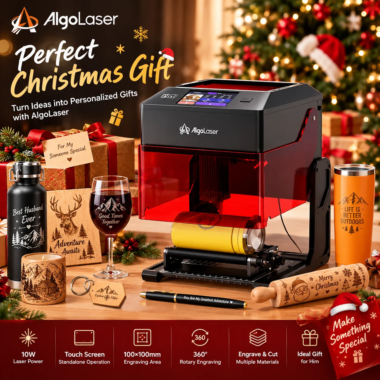 AlgoLaser Pixi 10W Smart Laser Engraver Cutter Touchscreen DIY Christmas Custom Gift Maker for Water Cups Handmade Craft Present