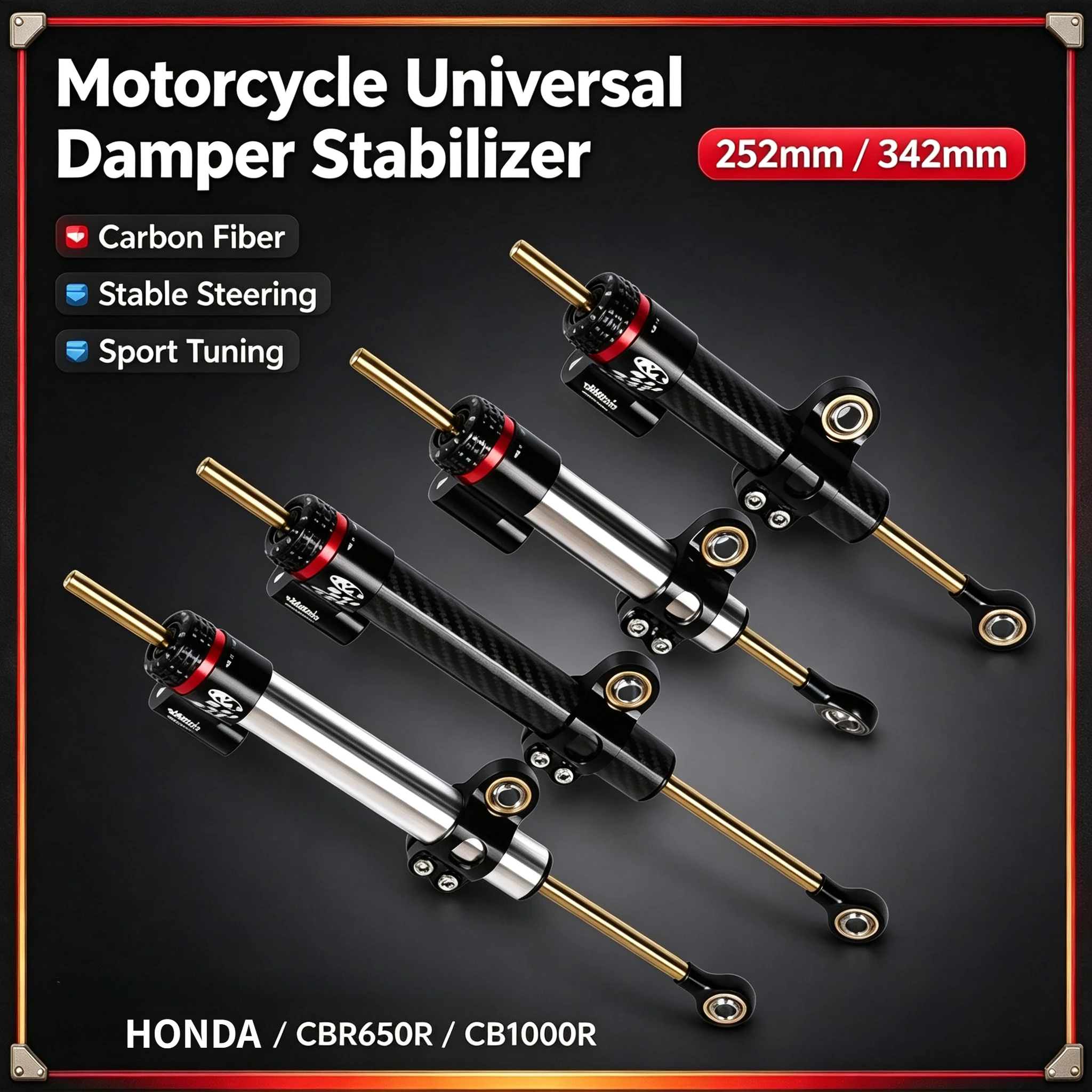 Motorcycle Adjustable Damper Steering Stabiliz 252mm 342mm steering stabilizer for Honda Kawasaki Yamaha Carbon fiber texture