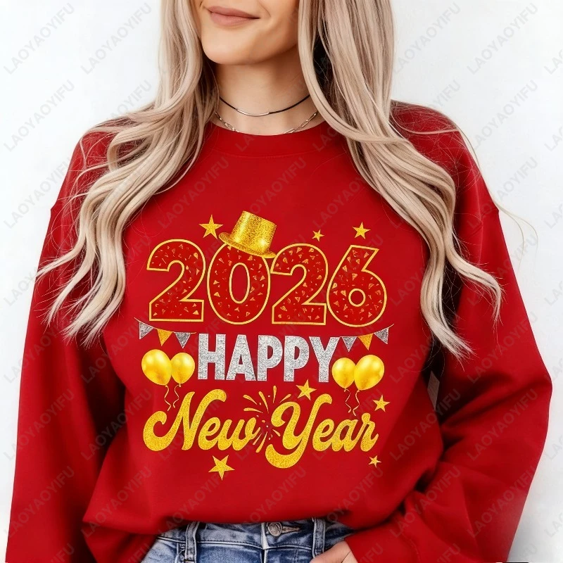 Feliz ano novo 2026 moletom ouro glitter chapéu nude vintage estética festa inverno pulôver família celebração presente feminino com capuz