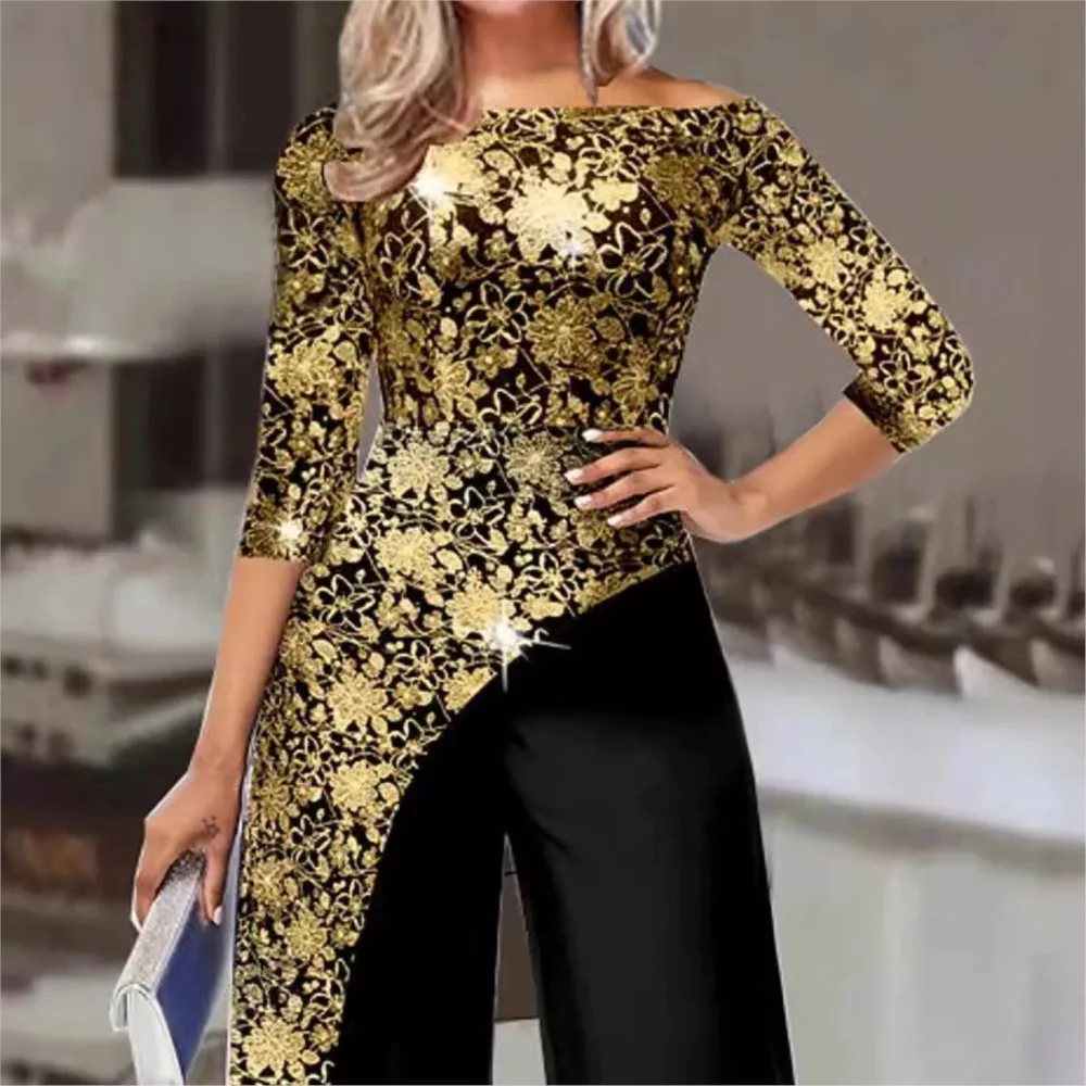 Fashion Print Splicing 7 Point Sleeve For Women's Jumpsuit Spring And Autumn New Slim Elegant Female Office Jumpsuit Pants 2025