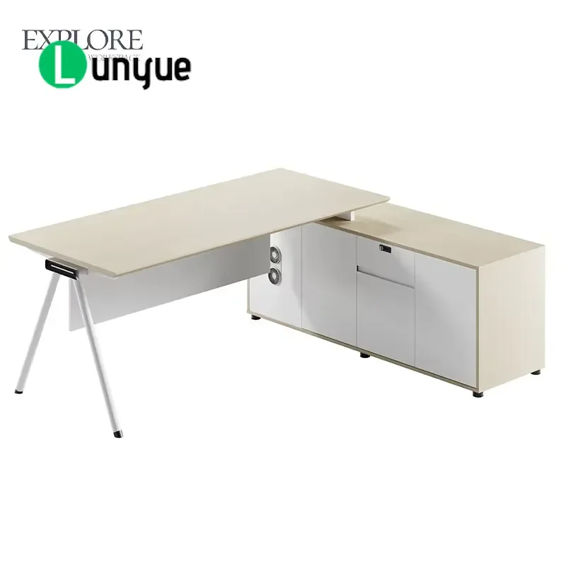 Modern L Shaped Manager Desk Large Workspace Side Cabinets Power Sockets MFC Board Steel Frame Panel Design For Headquarters