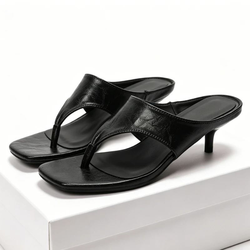 

Black Casual Heels Women Slippers Summer 2026 Square Toe Slides Comfortable Beach Sandals Concise Elegant Women Flip Flops