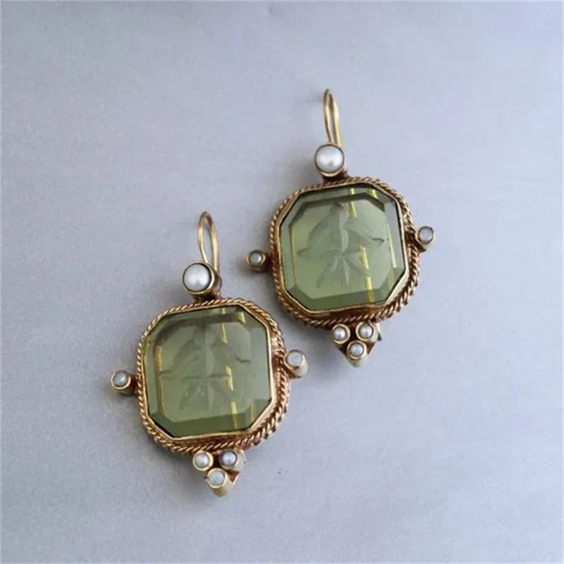 KSRA Fashion Retro Style Round Green Carving Figure Crystal Stone Mosaic Pearl Personality Earrings For Women Exquisite Jewelry