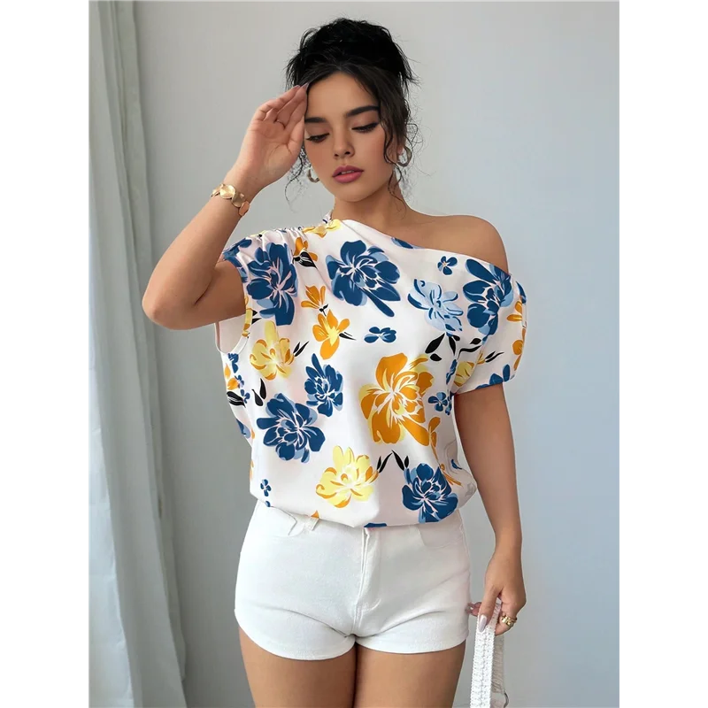 CGS-Top da donna a maniche corte con spalle scoperte, camicetta estiva con stampa floreale increspata