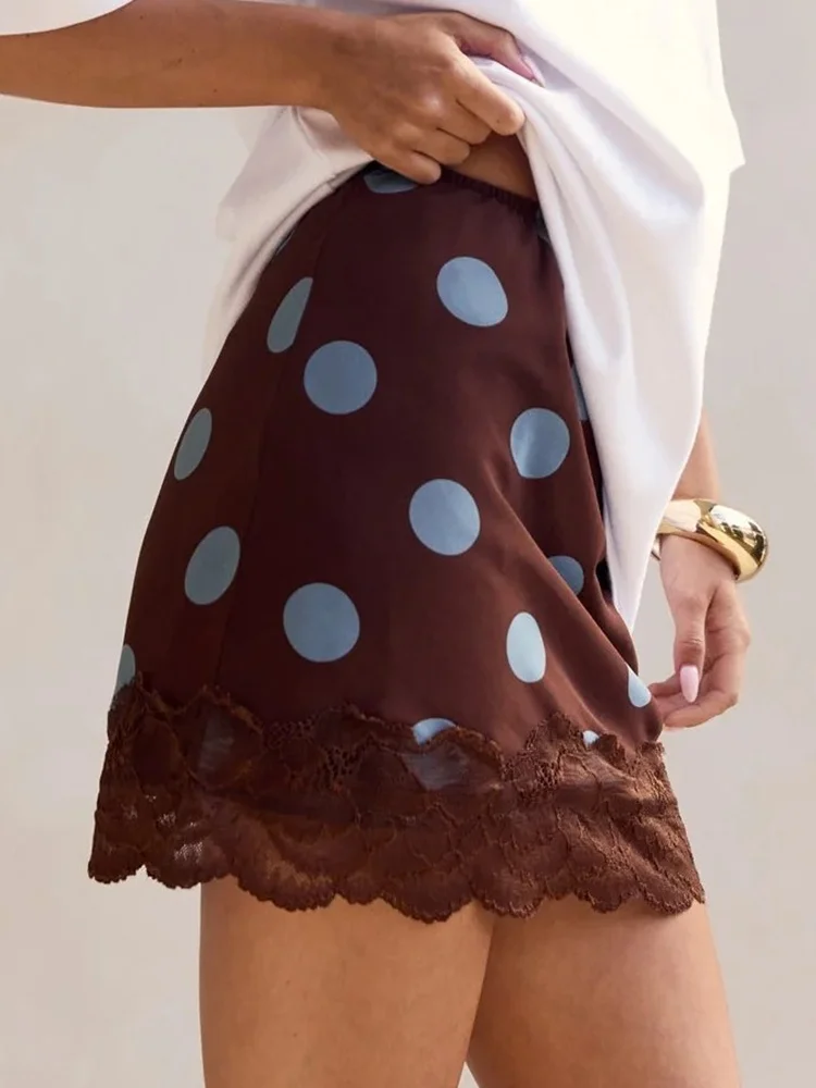 Fantoye Elegant Polka Dot Print Lace Patchwork Women Skirt Coffee Hight Waist A-line Bodycon Skirt Spring Female Club Streetwear