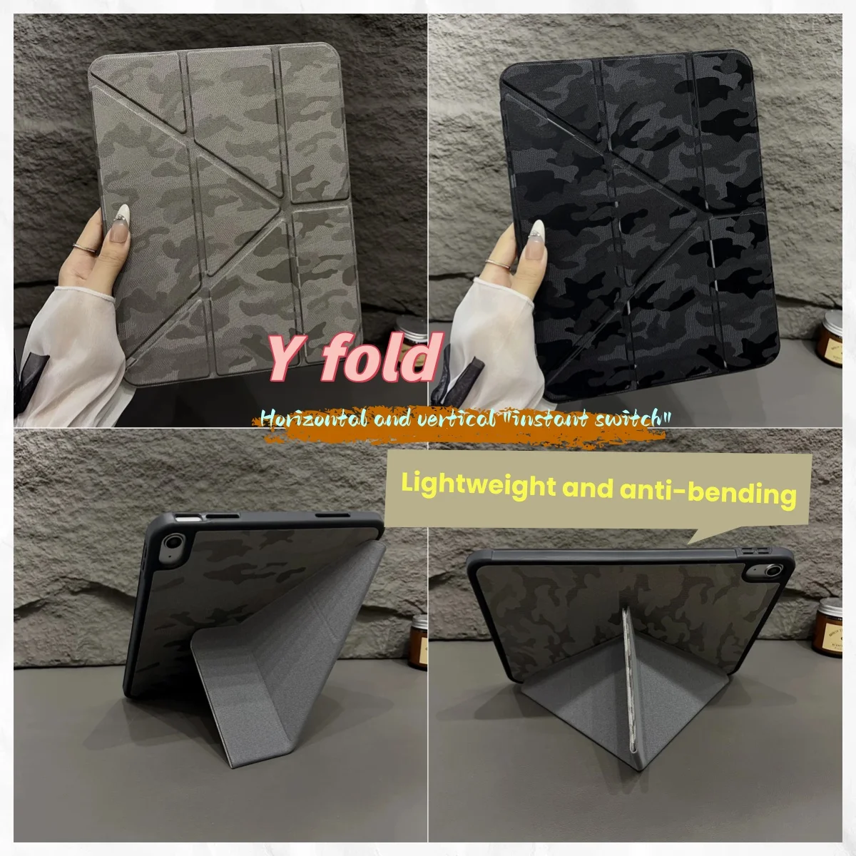 Camouflage 3 Y Fold iPad Case with for Pro 13 12.9 11 2024 Air 13 10.9 10.2 Mini 6 7 10th 11th Gen Cover Clear Back Pen Holder