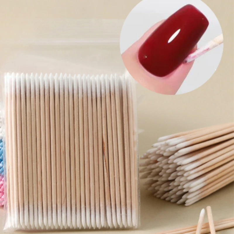 100Pcs/Bag Nails Wood Swab Clean Sticks Bud Tip Wooden Cotton Head Manicure Detail Corrector Nail Polish Remover Art Accessories