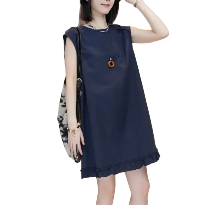 Robe droite sans manches bleu marine pour femmes, ourlet à volants, robe ample décontractée