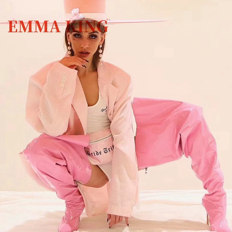 النساء الوردي الفخذ أحذية عالية مثير أشار تو الخنجر الكعوب فوق الركبة الأحذية عودة البريدي رقيقة عالية الكعب طويلة بوتاس دي Mujer 44