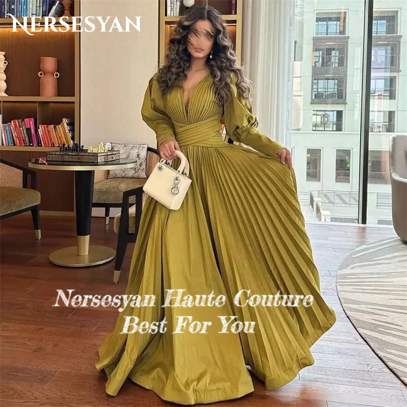 Nersesyan Vintage Green Chiffon Special Occasion Dresses Puff Long Sleeves V Neck Prom Gown A Line Draped Vestidos De Fiesta