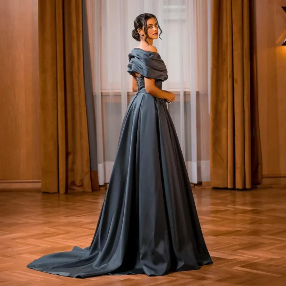 Pleated Evening Gowns with Off Shoulder Neck,Empire Waist,A Line,Sweep Train,Gray Prom Dresses,Simple Satin,Formal Occassion