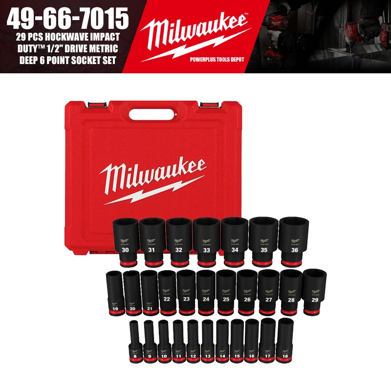 

Milwaukee 49-66-7015 29 PCS HOCKWAVE Impact Duty™ 1/2" Drive Metric Deep 6 Point Socket Set Tool Accessories
