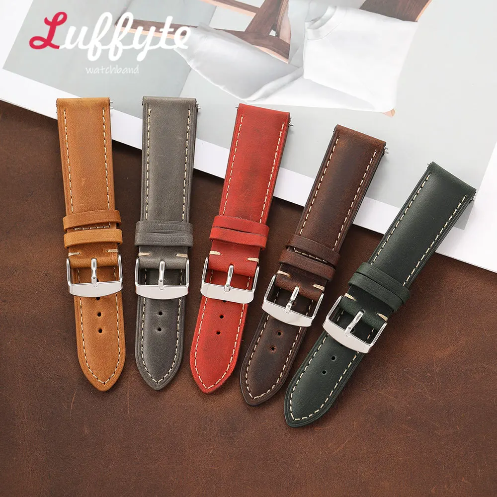 Retro Herren Crazy Horse Leder Uhrenarmband Werkzeuglos Schnellverschluss 18mm 20mm 22mm Ersatzband