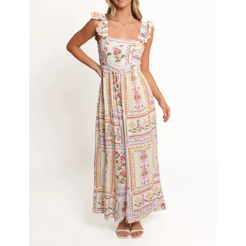 Combhasaki Women Summer Floral Print Flutter Ruffled Fly Sleeve Square Neck Smocked Backless A-Line Long Suspender Tank Dress