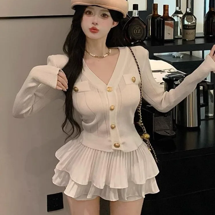 Conjunto Blanco Adelgazante para Mujer, Top de Punto de Manga Larga y Falda, Conjunto de Dos Piezas, Moda Otoñal, Ropa Deport...