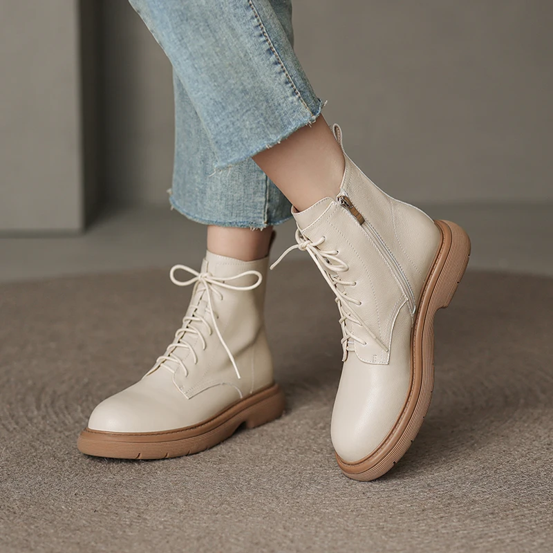 2022 New Side Zipper Women Ankle Boots Outdoor Casual Autumn Winter Thick Heels Fashion Cross-Tied Genuine Leather Shoes Woman