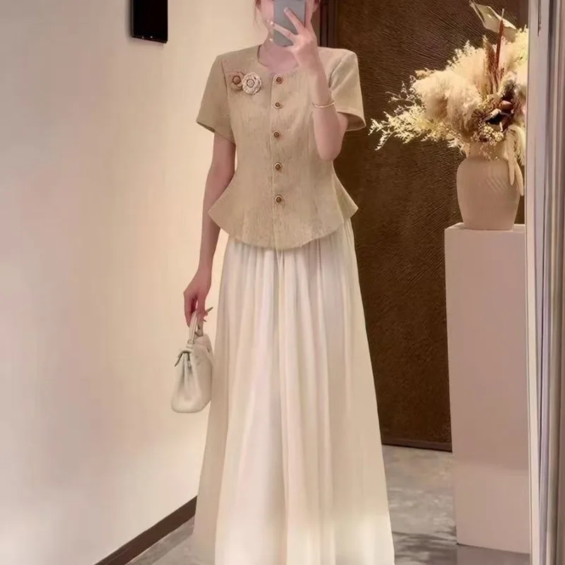 New Small Fragrant Fashion Women's Two Pieces Set Woment Summer Elegant 3D Flower Short Sleeve Shirt Top + Long Skirt Suit